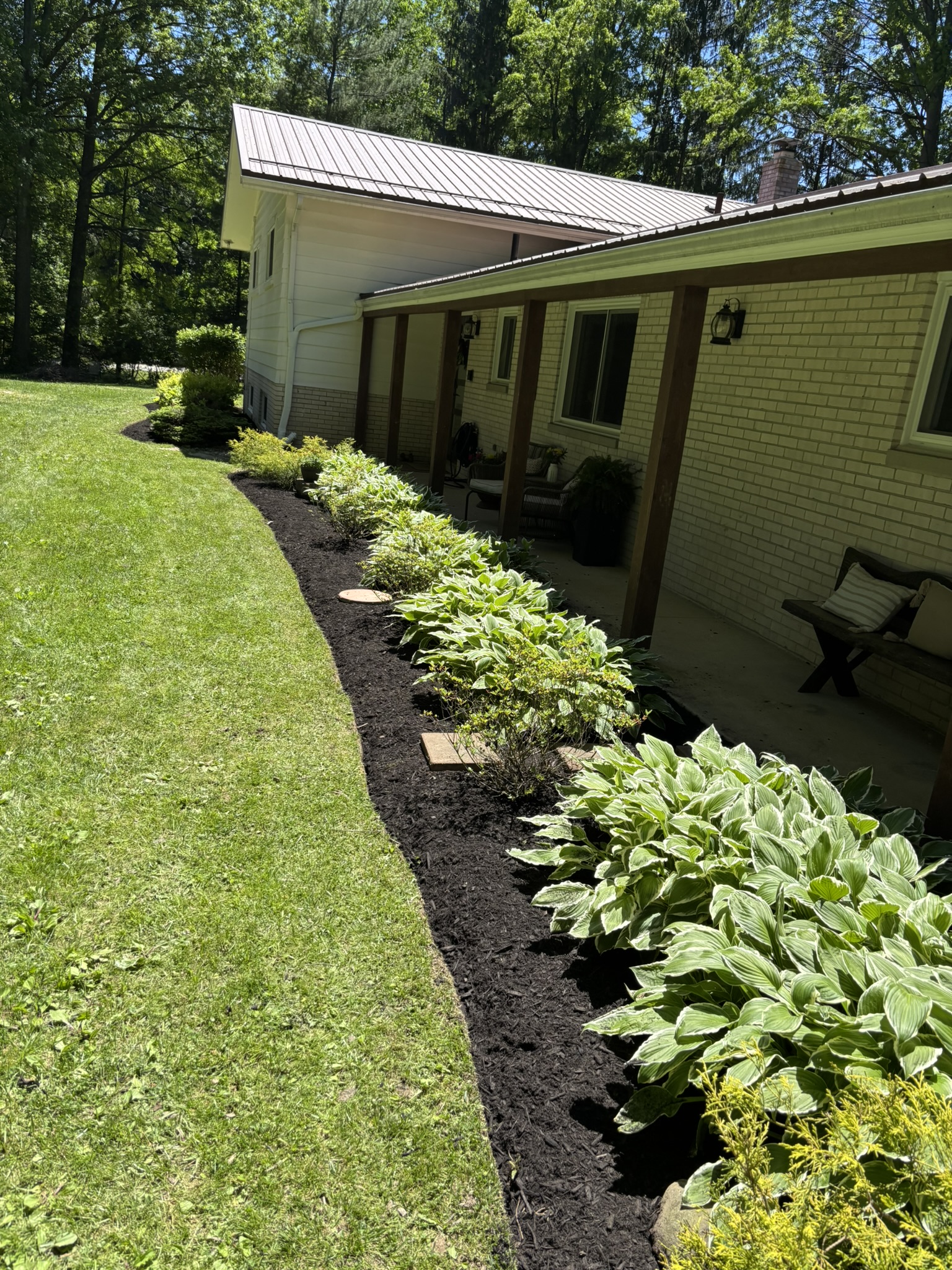 Fresh mulch bed with hostas along the side of a ranch home