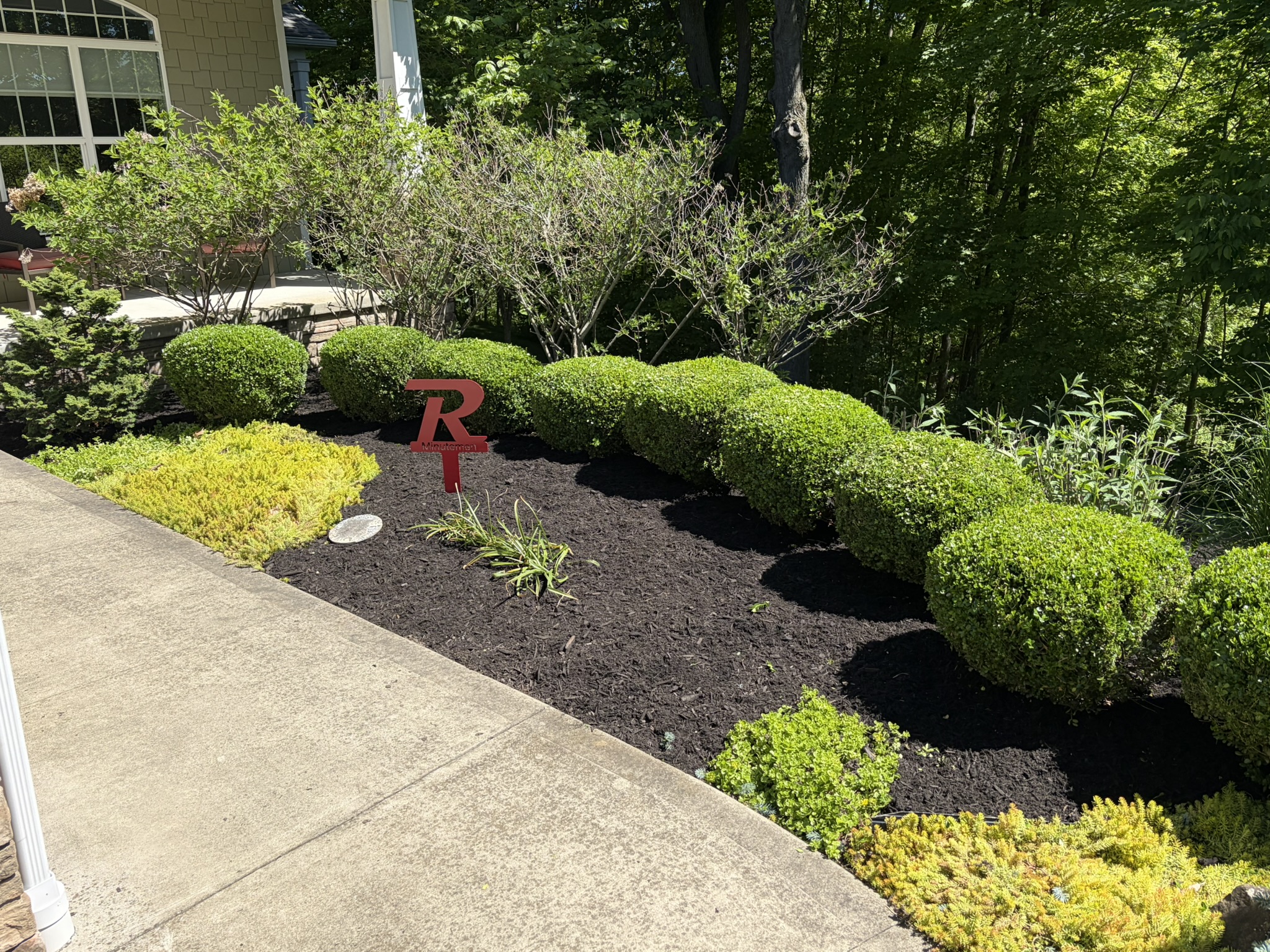 Layered shrub beds with fresh black mulch along a curved walkway