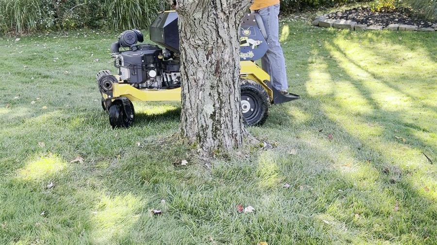 Stand-on aerator pulling plugs under a big shade tree