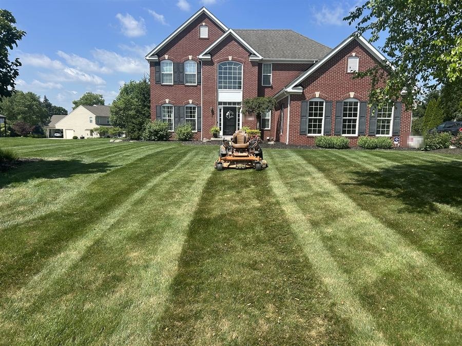 Stand-on mower on fresh stripes in front of a big brick house